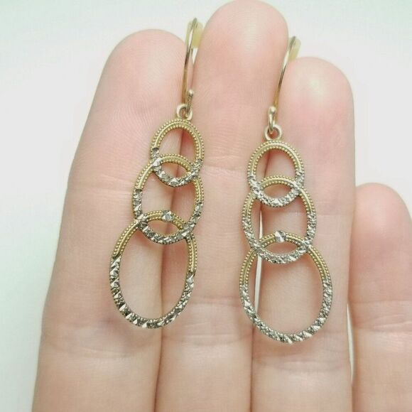 Vintage Sterling Silver and Gold Overlay Dangle Interlocking Hoop Earrings - Picture 6 of 7